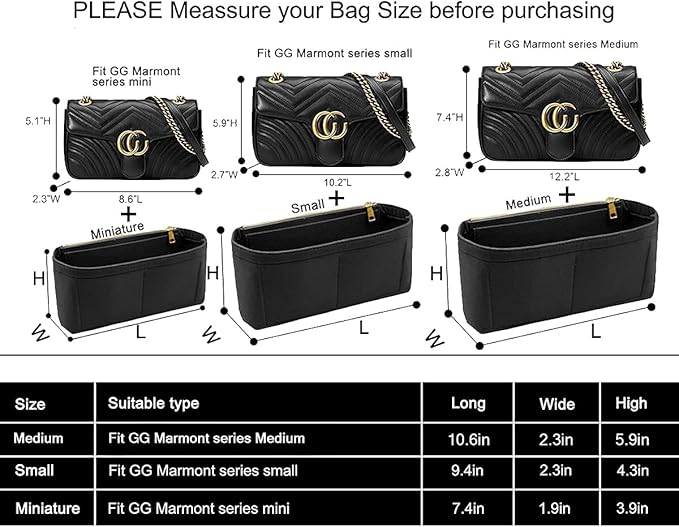 Small Handbag Shaper Insert for GG Marmont Matelasse Shoulder Bag(Pack of 2) Felt Insert Purse Organizer with Zipper- Buy 1 Get 1 Bag Free Small 8030 Black