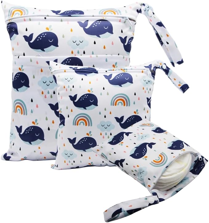 Asenappy 3pcs Cloth Diaper Wet Dry Bags Waterproof Reusable with Two Zippered Pockets Travel Beach Pool Daycare Soiled Baby Items Yoga Gym Bag for Swimsuits or Wet Clothes