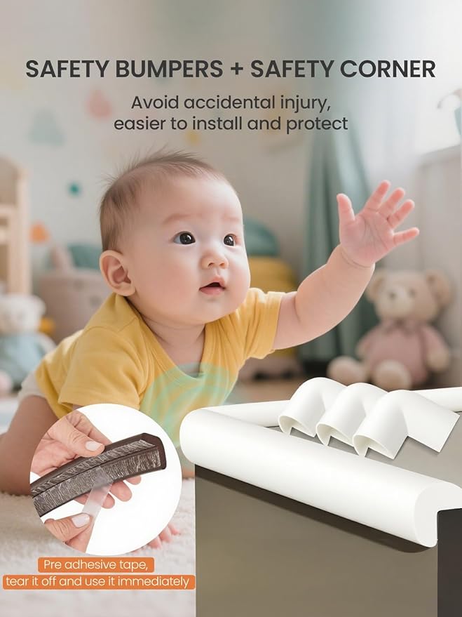 QYV Baby Proof Edge Corner Protector, 16.4FT 0.47''Th L-Shape Furniture Corner & Edge Safety Bumper with 10 Corners, Pre-Taped, Soft NBR Rubber Foam Desk Edge Cushion Wall Corner Protector(White-gray)