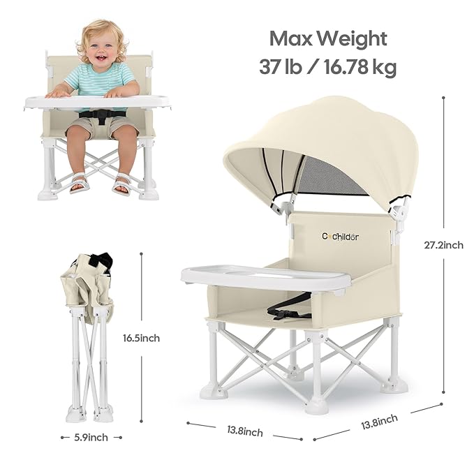 Cochildor 4-in-1 Portable Baby Chair, Foldable Toddler Booster Seat with Removable Tray, Canopy & Safety Harness, Beige