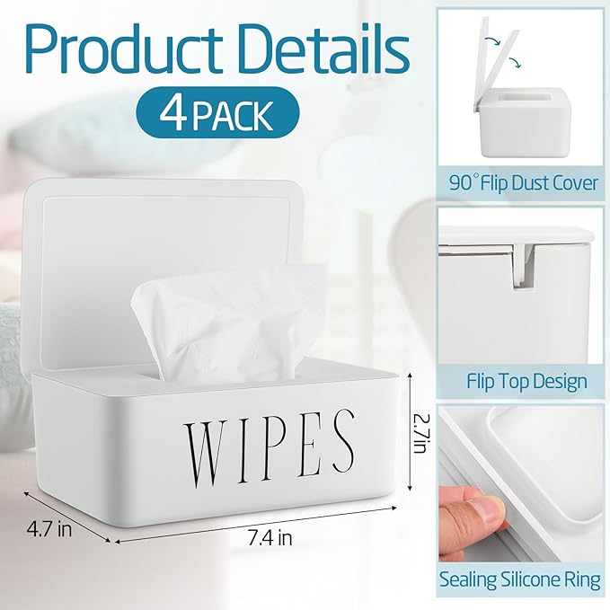 Singhoow 4 Pack Baby Wipes Dispenser Refillable Wipe Holder with Lid Toilet Wipes Container for Bathroom Tissue Paper Storage Box for Home Office (White)