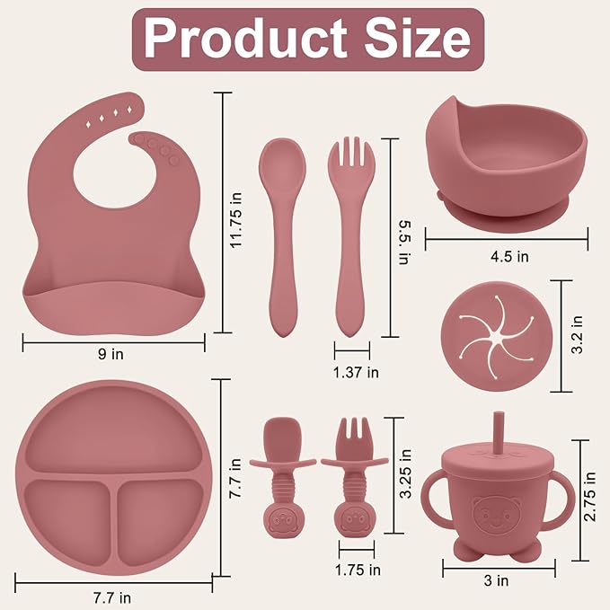 Munlinder Silicone Baby Feeding Set | Baby Led Weaning Supplies Includes Suction Bowls and Divided Plates, Adjustable Bib, Baby Utensils Spoons and Forks,Cup | Baby Feeding Essentials (Red)