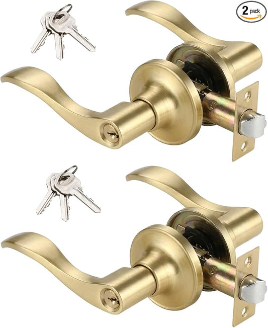 2 Pack of HENYIN Wave Lever Keyed Entry Door Lock/Door Knob Hardware Handle and Closet Lockset, Gold Color, with Key,Left Hand(805-G-L-2)