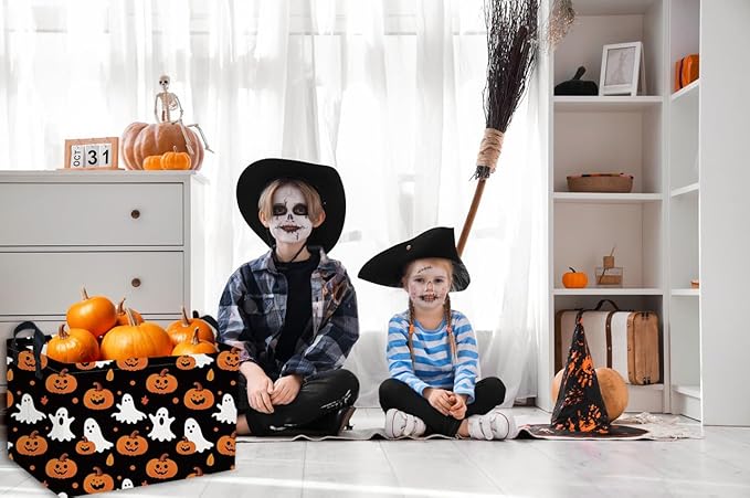 Essme Rectangular Halloween Basket,Ghost Baskets Empty with Handles,Cute Baskets for Kids Halloweens Room Decor,Boys and Girls, Candy Basket,(Cute Ghost)