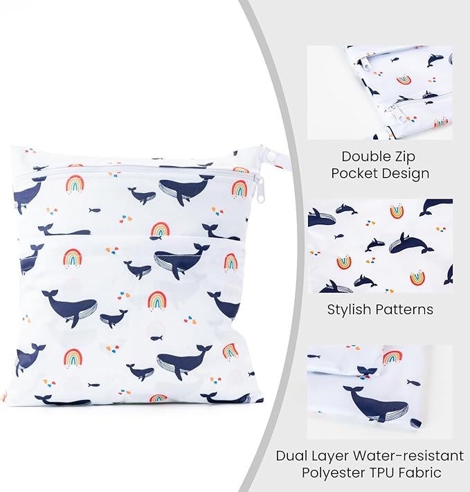 2 Pack Wet Dry Bags Waterproof Washable Travel Bags, Wet Bag with 2 Zippered Pockets for Diapers, Daycare, Bathing, Travel, Beach, Wet Swimwear, Yoga Gym