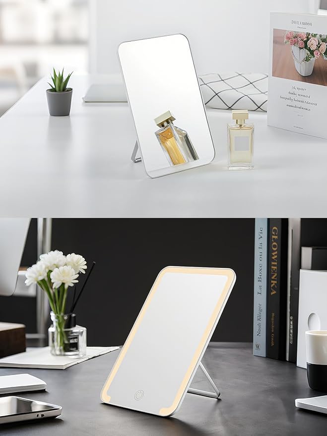 OMIRO Desk Makeup Mirror, 8 x 5 inches Table Mirror with Foldable Stand and Hanging Hole for Shaving and Travelling, White,2PCS