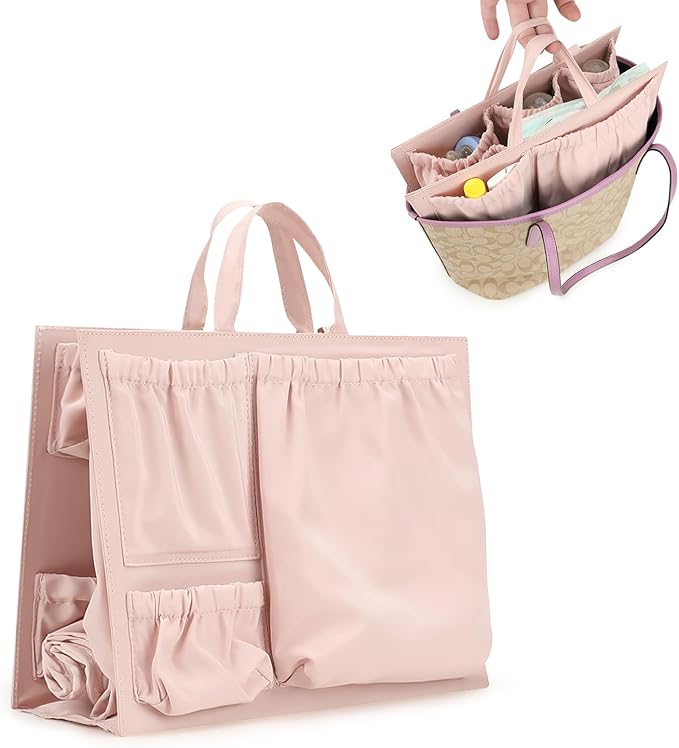 Lmbabter Removable Organizer Insert with Insulated Pocket,Updated Diaper Bag with 11 Total Pockets&Changing Pad, Handbag Tote Bag for Women Mommy Nurse (Pink)