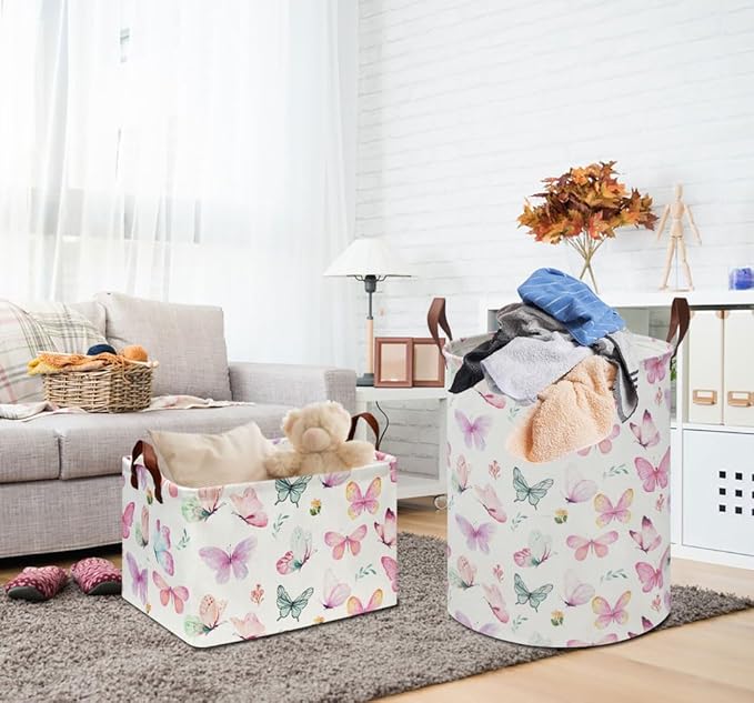 HKEC Rectangle Pink Butterfly Storage Basket with Handles, Collapsible Storage Bin, Books Box, Gift Basket(Pink Butterfly)