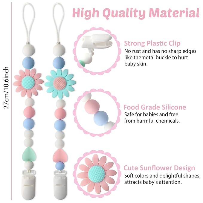Silicone Pacifier Clip, 2 Pack Pacifier Holder for Boys and Girls, Adorable Sunflower Pacifier Clips Fits for Most Pacifier, Baby Teethers, Baby Shower and Baby Gift(Pink&Green)