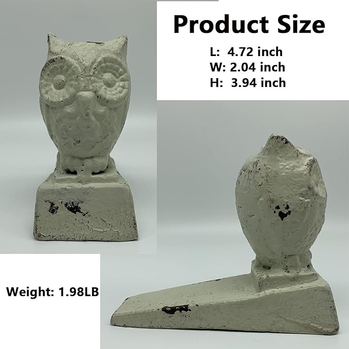 Decorative Owl Door Stop, Heavy Duty Cast Iron Door Stops, Antique and Vintage Animal Collection Decorative Door Stopper Wedge for Bedroom - White
