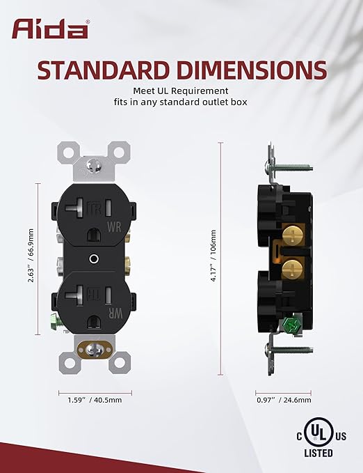 AIDA 20 Amps Outlets Duplex Electrical Receptacle Outlets,Weather Resistance & Tamper Resistant, Receptacle Wall Outlet,Residential,TR,3-Wire, Self-Grounding Clip, NEMA 5-20R,UL Listed 10 Pack, Black