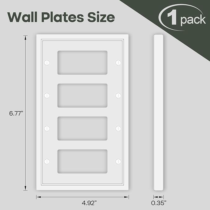 Dyekou Light Switch Cover Plate White Classic Decorative Switch Plates Cover Bamboo Fiber Wall Plate Cover for Decorator, Duplex, Toggle, Combo(4-Gang Quad Decorator,1 Pack), NF010