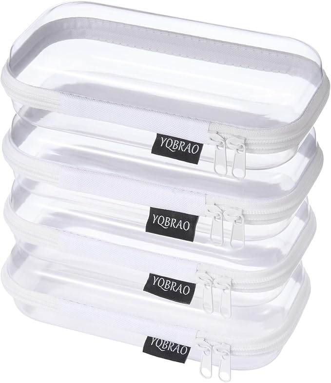 4 Pack Clear Hard Shell Zipper Case, See-Through Hard Plastic Organizer Pouches with Zipper for Travel, Toiletries, Makeup, Electronics & Pencils - Crush-Resistant Storage (S White)