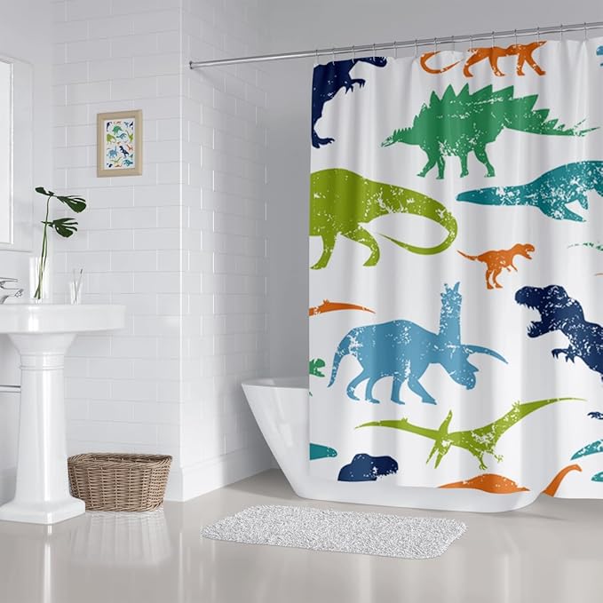 Dinosaur Shower Curtain Colorful Kid Cartoon Jurassic Children Dino Elasmosaurs Themed Bath Curtain Waterproof Fabric Bathroom Decor 72x72 Inch Plastic Hooks 12 PCS