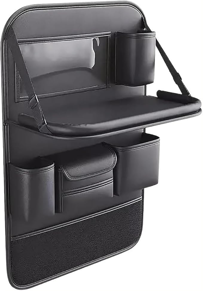 Mautopily Car Backseat Organizer with Foldable Table Tray - Universal Auto Seat Back Organizer with Tablet Holder, Kick Mats Protector, Storage Pockets for SUV Sedan