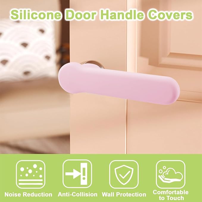 2Pcs Silicone Door Handle Glove Covers Safety Door Knob Cover with Clear Anti-Collision Adhesive Strip Anti-Static Door Knob Protector for Flat Square Door Levers (Pink)