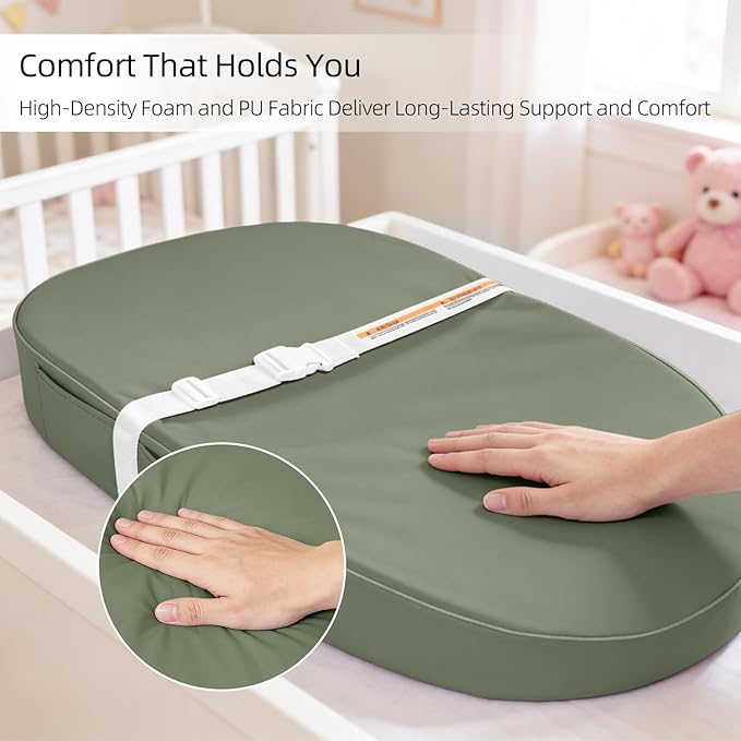 Baby Changing Pad, Waterproof Vegan Leather Wipeable Diaper Changing Pad with Safety Strap Non-Slip Changing Mat for Dresser & Table