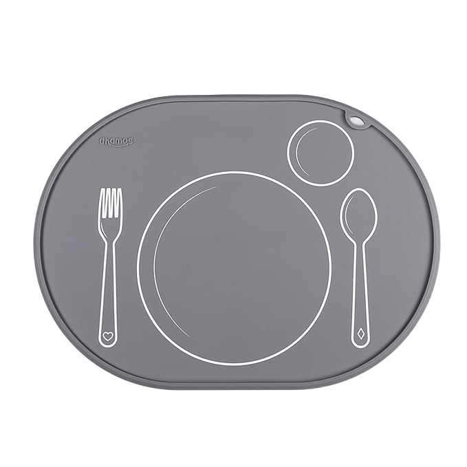 CHAMOS Silicone placemats for Toddlers - Montessori placemat for Round Table - Oval Kids placemats for Dining Table - Non Slip, Small, Educational placemats (Gray), 14.17x10.23 inch