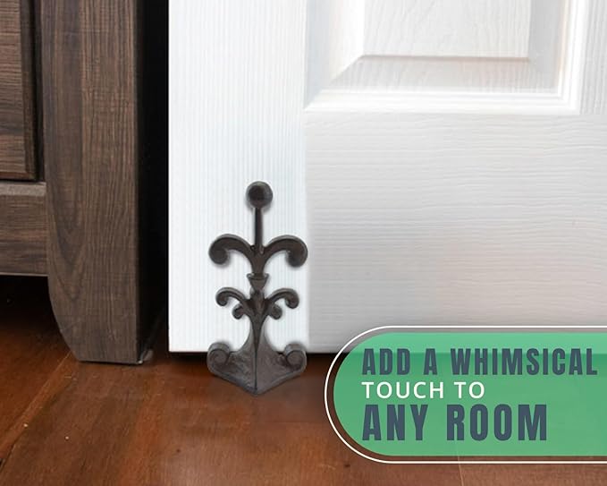 Comfify Fleur De Lis Cast Iron Door Stop – One Decorative Wedge with Felt Bottom – Antique Rust Brown – 4" x 3.5" x 7.75"