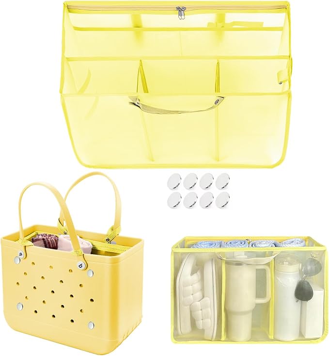 XYFuuee Beach Bag Organizer Inserts for Original Large Bogg Bag Accessories with 8 Removable Metal Fasteners, Lightweight Mesh Insert Divider Pouch, Organizing Rubber Tote, Save Space, Yellow XL