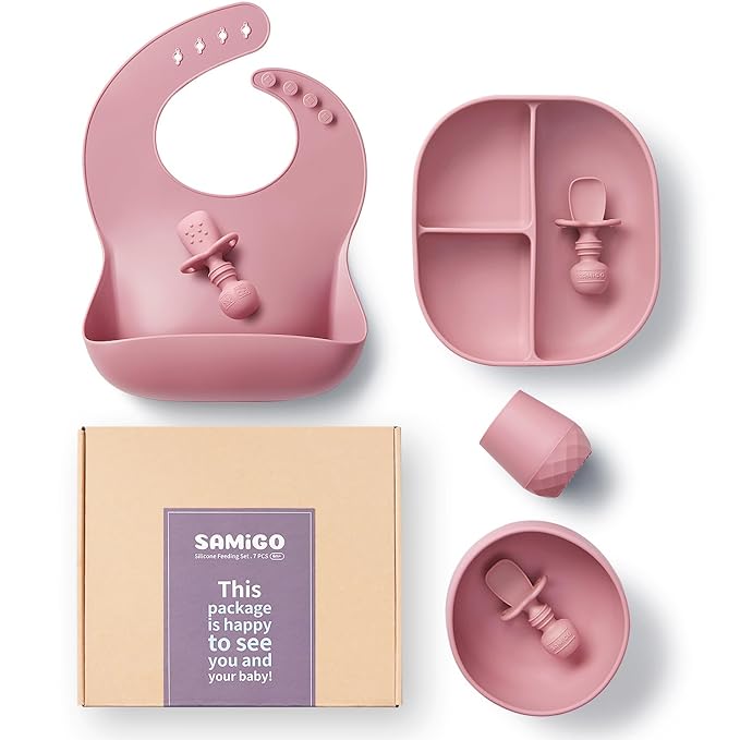 SAMiGO Silicone Baby Feeding Set, Baby Led Weaning Supplies, Suction Bowl Plate Bib Cup Self Feeding Spoons, Solid Food Eating Essentials, First Stage Utensils, 6+ Months