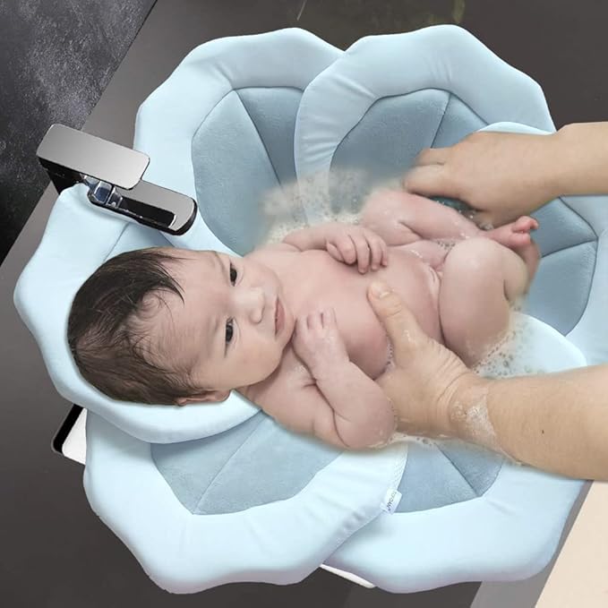 Baby Bath Pad for Infants & Newborns — Soft Petal Shape Bathtub & Sink Support Mat, Plush Washable Baby Bath Cushion, Safe & Comfortable Shower Essential Gift (31", Gray)