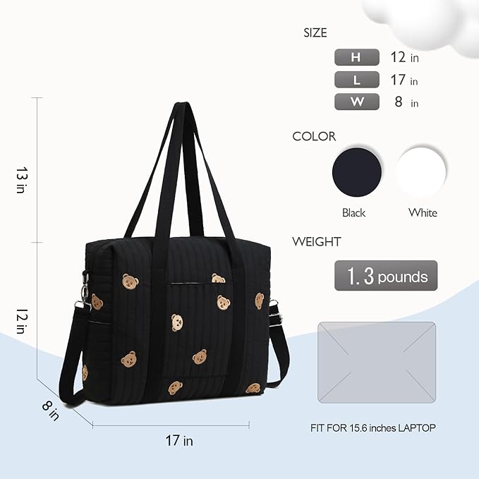 Diaper Bag Tote with Insulated Pockets and Stroller Hooks for Travel (Black-gold, Large)