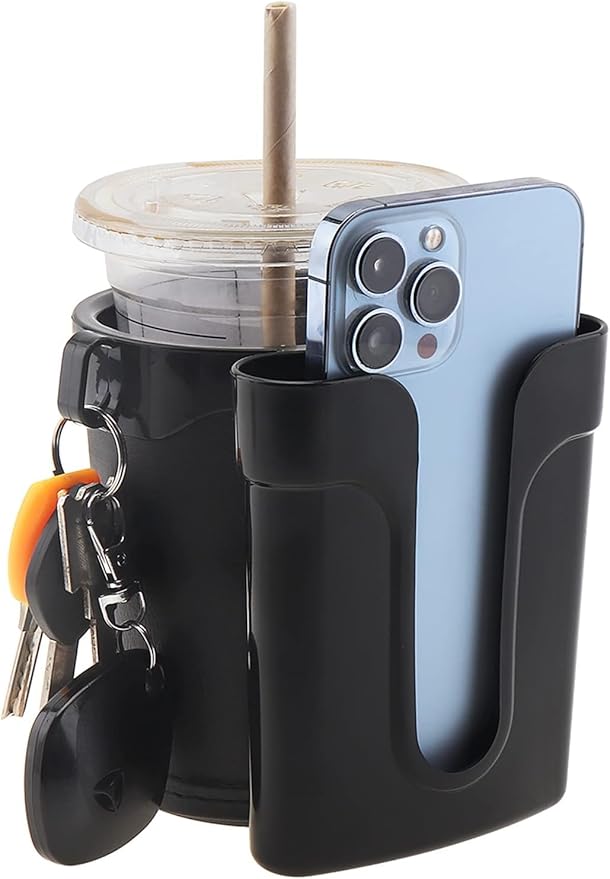 Tobefore Bike Cup Holder ABS+PU Leather with Phone Mount and Keys Hook，Adjustable Drink Holder for Bicycle Handlebar,Universal Coffee Cup Holder for Bicycle, Wheelchair, Scooter and Walker(Black)