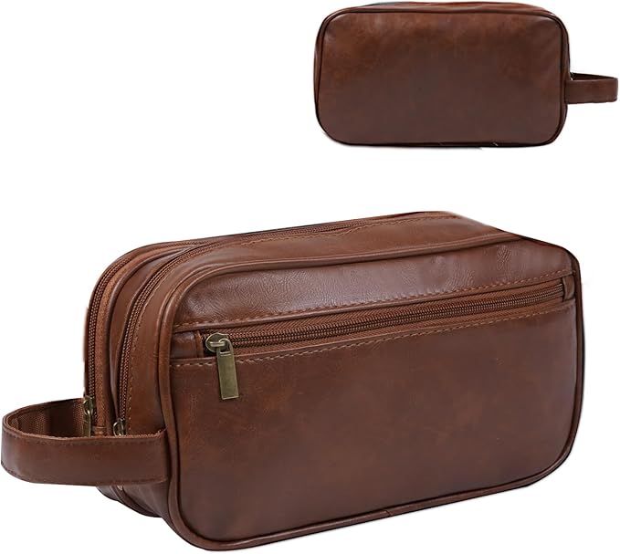 Mens travel toiletry bag, Gift For Men，PU Leather Water Resistant Cosmetic Bag Pouch Dopp Kit Shaving Bag with Large Capacity for Toiletries Accessories(Brown)