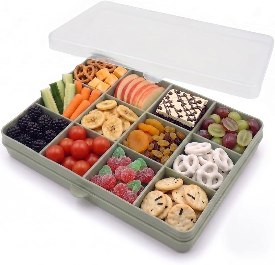 melii Snackle Box | 12-Compartment Divided Snack Container, BPA-Free Food Storage, Removable Dividers, Perfect for Kids Snacks, Arts & Crafts, Beads, and Kitchen Organization (Sage)