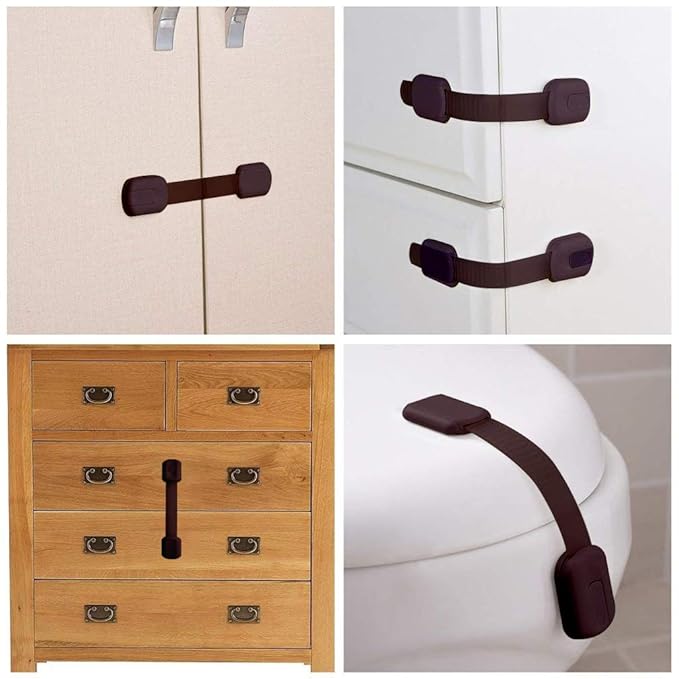 Baby Safety Locks - Child Proof Adjustable Latches for Cupboard Doors and Drawers Dresser Doors Closet Toilet Seat Oven Refrigerator Appliances,8 Pack Brown,Free 9 Extra Adhesive Pads