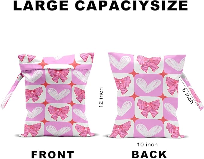 2Pcs Wet Bags, Wet Dry Bag Reusable for Swimsuit, Travel, Diapers, Beach, Dirty Yoga Gym Clothes, Toiletries, Makeup Bag, Waterproof Pink Bow Strawberry Print Birthday Christmas Gifts