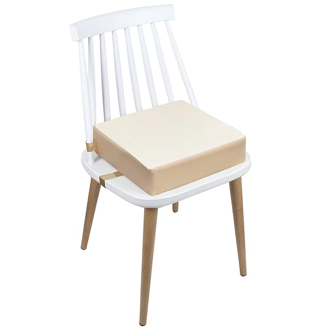 Toddler Booster Seat Dining, Washable 2 Straps Safety Buckle Kids Booster Seat for Dining Table, Portable Travel Increasing Cushion (Beige-PU)