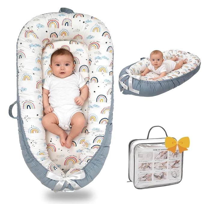 Baby Lounger-Breathable and Soft Organic 100% Cotton, Portable Infant Lounger with Removable Lounger Cover, Baby Lounger for Newborn - Rainbow