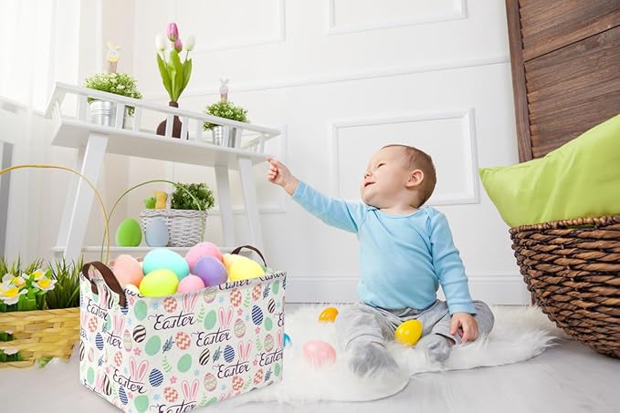 Sanjiaofen Rectangular Easter baskets , Kids Easter Basket Organizer.Cute Storage Basket with Handles.Boys and Girls,Easter Bunny Eggs Decor,Books,Easter Gifts . (Easter bunny eggs)