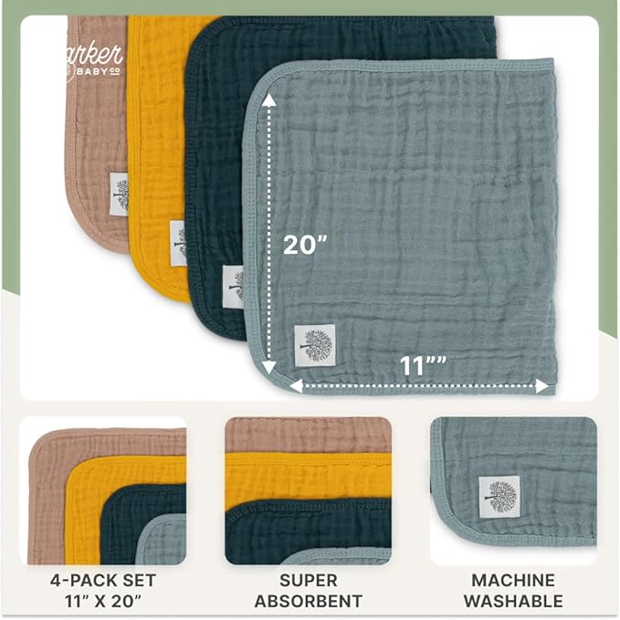 Parker Baby Muslin Burp Cloths | 100% Cotton Burping Clothes, Newborn Essential | Must-Have Baby Registry, Modern and Trendy Colors | 20"x11" Unisex Large Baby Burp Cloths, 4-Pack Dune Set
