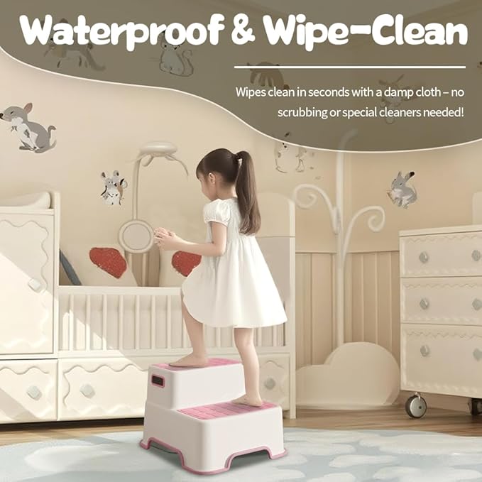 ZLMHYYM Toddler Step Stool for Bathroom Sink, 2 Pack Step Stool for Kids, Plastic Potty Training Toilet Stepping Stools, Child and Baby Lightweight&No-Slip Two Step Stools for Kitchen(Off-White/Pink)