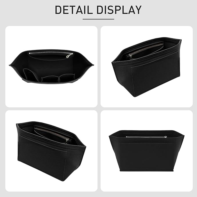 Felt Longchamp Bag Organizer Insert Compatible with Long Champ Le Pliage L Tote Bag & M Handbags, Zipper Purse Organizer Insert with Cup Holder, 8 Compartments, Custom Divider (Black,L)