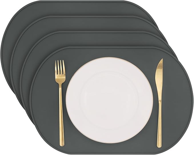yuuzue Silicone Placemat Set of 4, Heat Resistant Placemats for Dinning Table, Reusable Portable Kids Baby Placemats, Waterproof Stain-Proof Toddler Food Mats, Easy to Clean Silicone Mat Oval Placemat