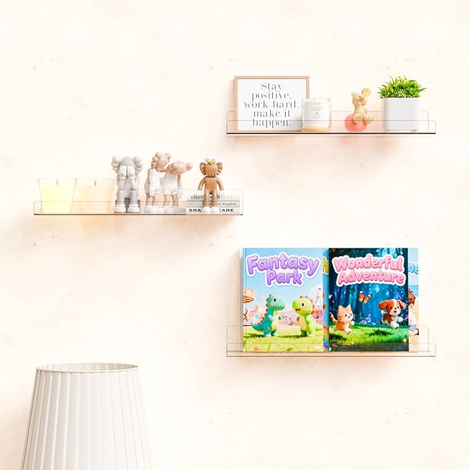 Yieach 4 Pack 15" Acrylic Shelves for Wall,Bathroom,Bedroom - with Adhesive - No Drilling Clear Floating Shelves for Funko Pop,Lego,Action Figures,Nail Polish,Perfume Shelf and Wall Storage & Display
