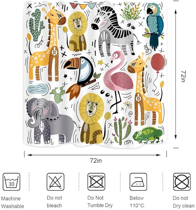 Cute Animal Shower Curtain Wildlife Lion Zebra Elephant Chameleon Flamingo Giraffe Home Bathroom Decor Waterproof Fabric 72Lx72W Inch with Plastic 12PCS Hooks