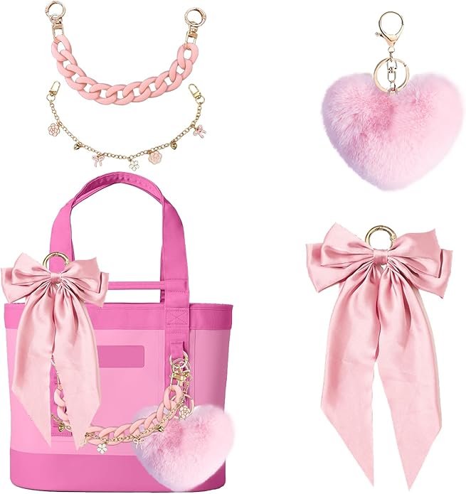 CuddleJunk Bag Charms for Tote Bags, Satin Bow Keychain Kit Accessories for Yeti Camino, Fluffy Ball Gold Chains Charms for Women Purse Beach Handbag