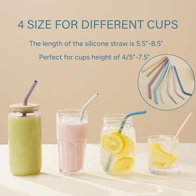 4-Size Reusable Silicone Straws with Travel Keychain Cases-Portable Collapsible For Cruise Ships, Short-Long Size For 4-20 oz Tumblers,Kids Toddlers Adults, Standard&Wide For Regular Liquid&Smoothie