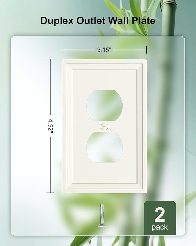 2-Pack Duplex Outlet Cover, Natural Bamboo Fiber Switch Plates and Outlet Covers, Light Almond Decorative Wall Plates for Electrical Outlets, 1 Gang Receptacle Cover, Corrosion Resistant
