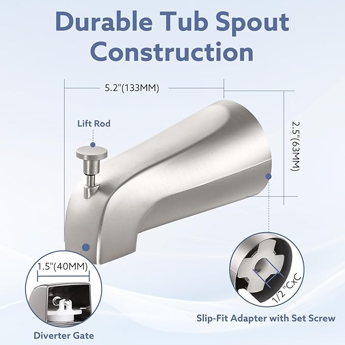 Tub Spout with Diverter – Slip-Fit Bathtub Faucet Spout Replacement, 1/2” Copper Pipe Connection, Easy to Install, Universal for Bathroom Shower (Brushed Nickel)