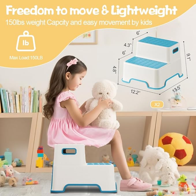 ZLMHYYM Toddler Step Stool for Bathroom Sink, 2 Pack Step Stool for Kids, Plastic Potty Training Toilet Stepping Stools, Child and Baby Lightweight&No-Slip Two Step Stools for Kitchen(Off-White/Blue)
