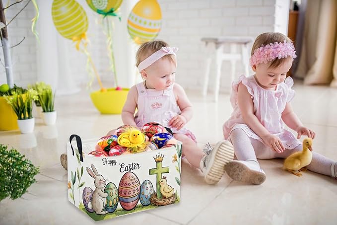 Sanjiaofen Rectangular Easter Baskets, Eggs Basket for Kids.Bunny Basket with Handles.Boys and Girls,Bunny Eggs Decor,Books,（ Easter