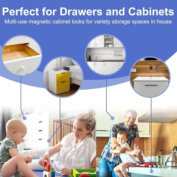 Magnetic Cabinet Locks Baby Proofing - 20 Locks & 3 Keys, No Drill Adhesive Safety Latches for Cabinets & Drawers, Child Proof Lock for Kitchen, Strong Magnet Key to Open, Easy Installation