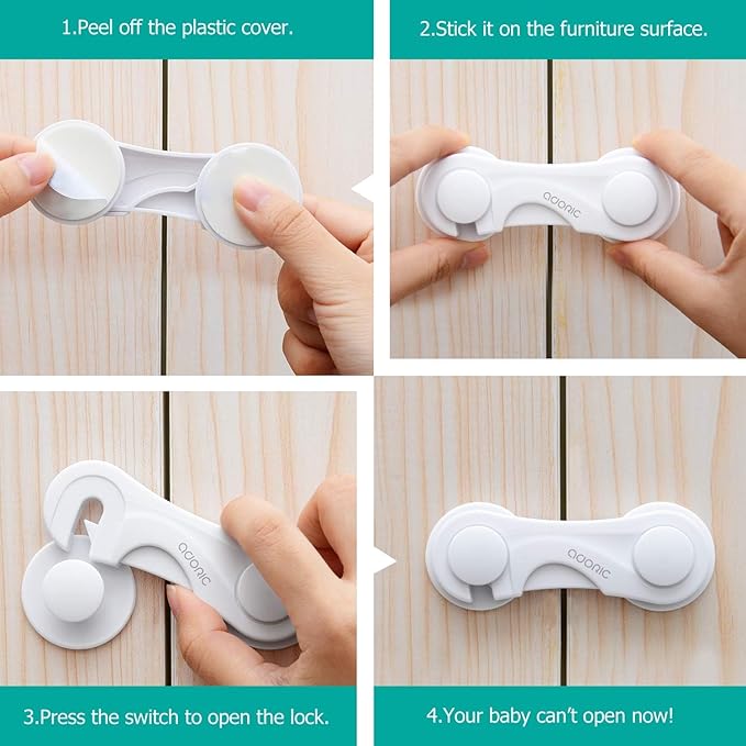 Cabinet Locks - Adoric Life Child Safety Locks 4 Pack - Baby Safety Cabinet Locks - Baby Proofing Cabinet Kitchen System with Strong Adhesive Tape