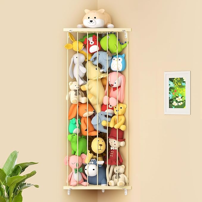 Stuffed Animal Storage Shelf Organizer(Patented) - Corner Stuffed Animal Holder Length Adjustable - Wall Plush Storage for Nursery Playroom Bedroom Kids Room (Beige, Standard)